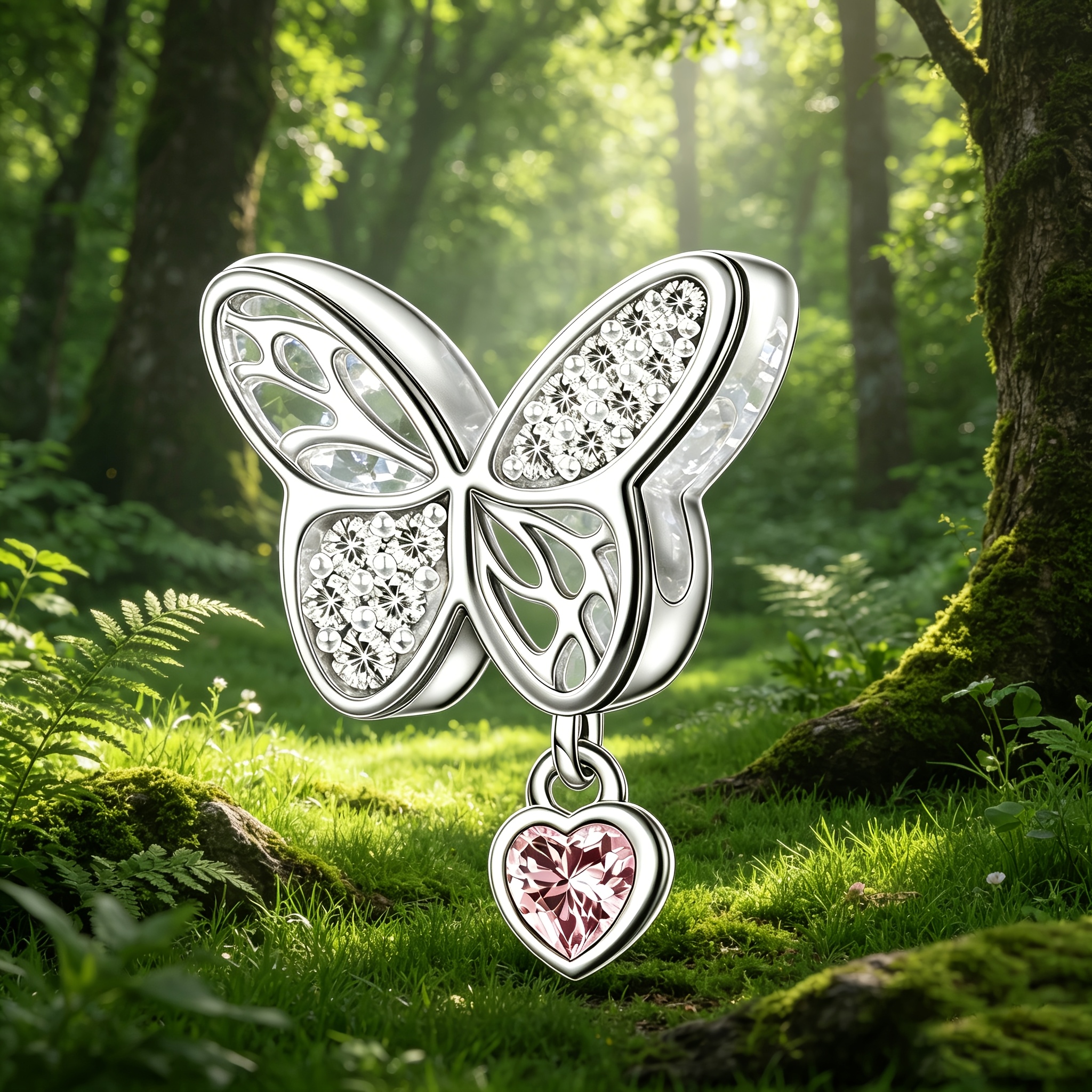 Women's Copper Butterfly Charm with Dangling Pink Heart, Elegant Design